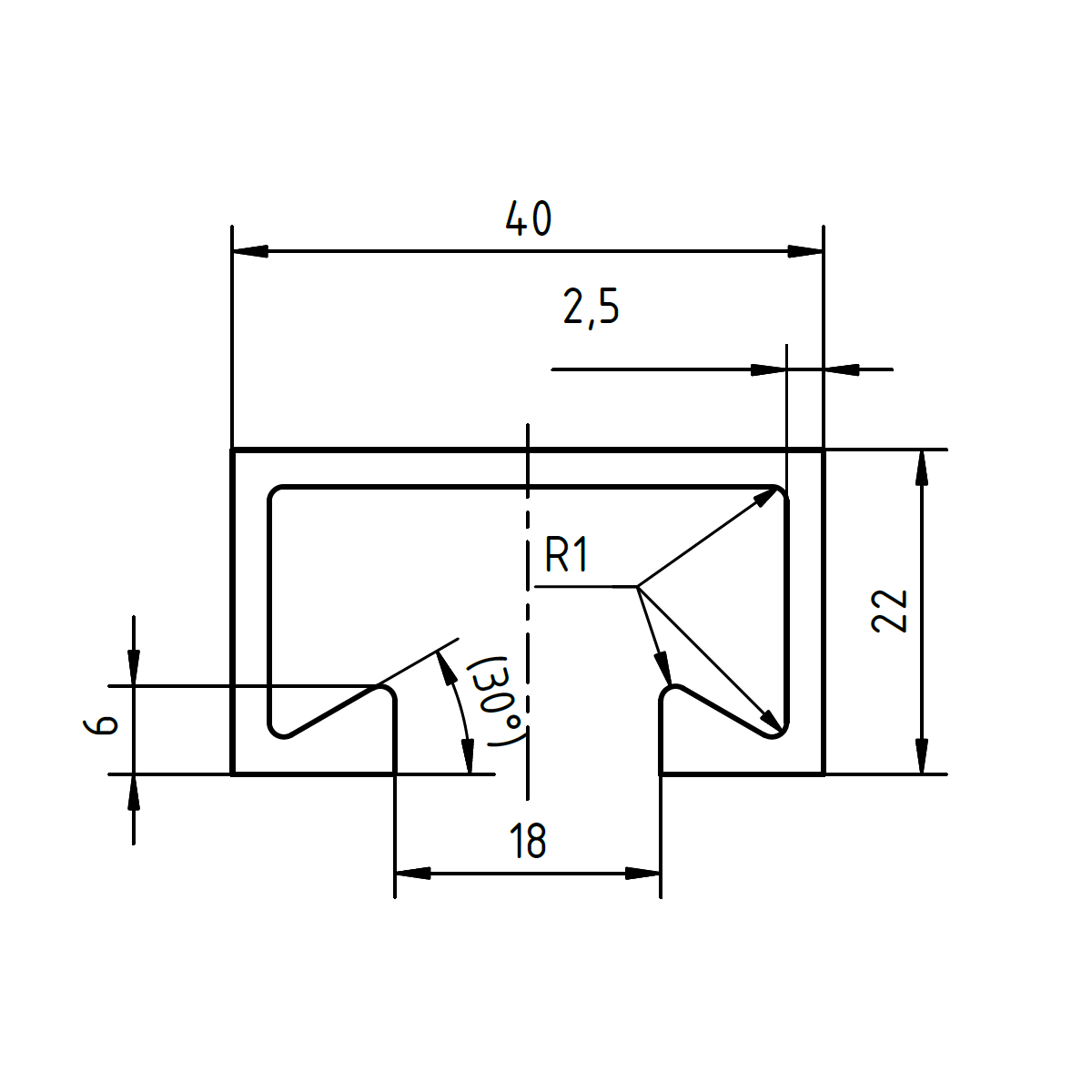 Profil 40/22 warmgewalzt - 1.000 mm - gelocht - A4